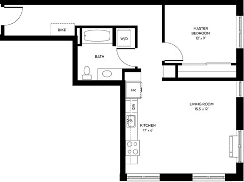 Floor plan for 1 bed, 1 bath, 753 sqft